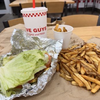 Five Guys - Lettuce  wrapped cheese burger  and fries with a drink - Burgers Near Me - Mcallen, Texas