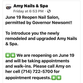 Amy Nails & Spa - Amy Nails is Reopening June 19 - Nail Salons Near Me - Chino, California Amy Nails & Spa - Amy Nails is Reopening June 19 - Nail Salons Near Me - Chino, California
