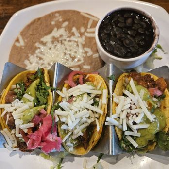 Camino Real Kitchen & Tequila - Soyrizo Tacos, Black Beans and Refried Beans. - Mexican Near Me - Bakersfield, California