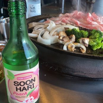 The Cast Iron Pot 3 - Peach Soju and thinly sliced pork belly - Korean Near Me - Flushing, New York