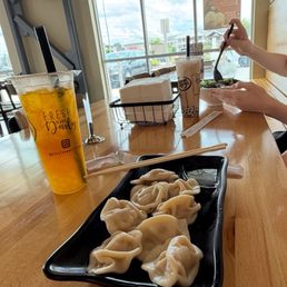 Steamed Chicken and Cabbage dumplings Mango Tea with Lychee Boba  Coconut Milk Tea Beef Noodle Soup(can't really be seen)