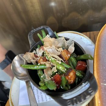 FlintCreek Cattle - Haricot Verts, lardon, shallot, ginger-soy glaze, bonito, sesame seeds - New American Near Me - Seattle, Washington
