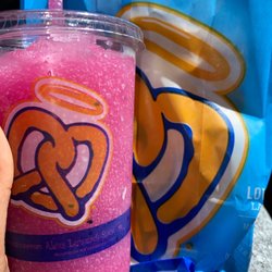 Auntie Anne's - Dragon fruit slushee and Sweet Almond Pretzel