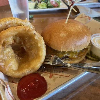 Tipsy Steer - Cheeseburger with "upgraded" onion rings - Tacos Near Me - Minneapolis, Minnesota