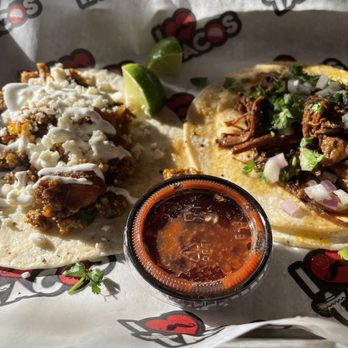 I Love Tacos - Papa & Chorizo Egg Taco (left) and Brisket Taco - Mexican Near Me - Jeffersontown, Kentucky I Love Tacos - Papa & Chorizo Egg Taco (left) and Brisket Taco - Mexican Near Me - Jeffersontown, Kentucky