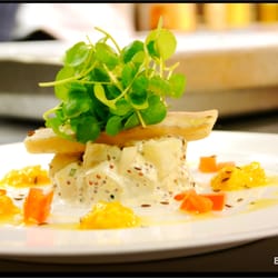 Boisdale of Bishopsgate - Severn & Wye smoked eel served with a delicate hot mustard & cucumber relish, young water cress & caraway seeds