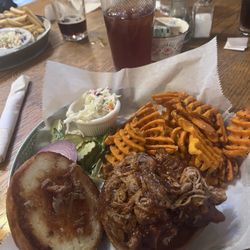 The Potbelly Restaurant & Lounge - BBQ beef sandwich with sweet potato waffle fries