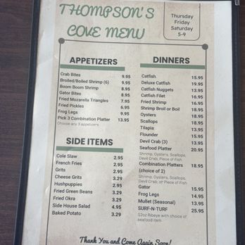Thompson's Cove Restaurant - Menu - Seafood Near Me - Toomsboro, Georgia Thompson's Cove Restaurant - Menu - Seafood Near Me - Toomsboro, Georgia