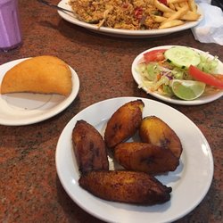 Maduros, chicken empanada, salad