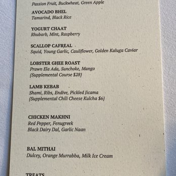 Indienne - Tonight's meat-option tasting menu. - Indian Near Me - Chicago, Illinois