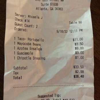 Azotea Cantina - The bill including $1 for extra salad dressing. - Mexican Near Me - Atlanta, Georgia Azotea Cantina - The bill including $1 for extra salad dressing. - Mexican Near Me - Atlanta, Georgia