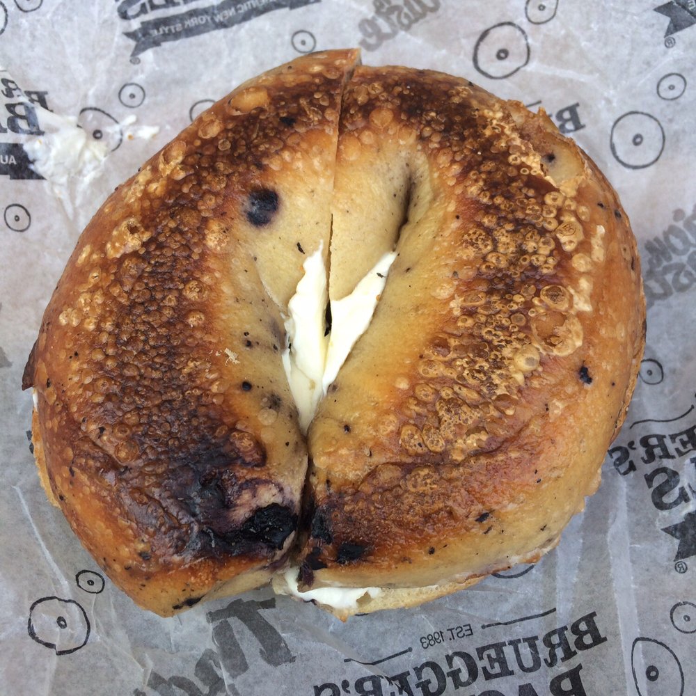 Bruegger's Bagels - Warmed blueberry bagel w/cream cheess - Bagels Near Me - Melrose, Massachusetts Bruegger's Bagels - Warmed blueberry bagel w/cream cheess - Bagels Near Me - Melrose, Massachusetts