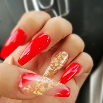 Magic Nails - Neon Red with Gold Flakes - Nail Salons Near Me - Rialto, California