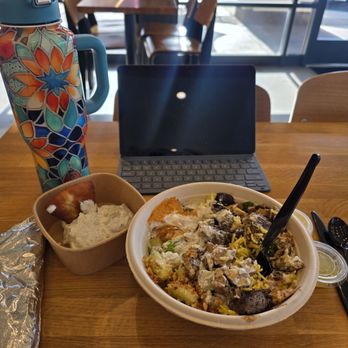 The Kebab Shop - The Mediterranean Bowl with chicken, extra steak for more protein, and an extra side of tzazika and pita bread and pita chips. - Mediterranean Near Me - La Habra, California