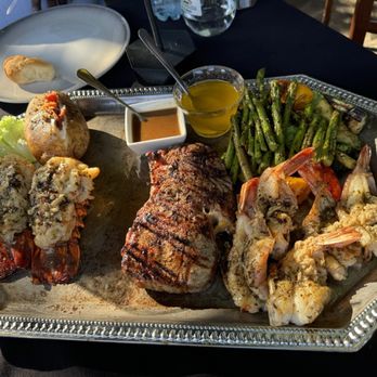 Roasted Grill & Bar - Combo lobster shrimp and ribeye and grilled veggies - Seafood Near Me - Cabo San Lucas, BCS