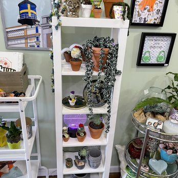 Raw Edge - A white bookshelf features multiple shelves with potted plants, including cacti and succulents, along with decorative items such as a tray with small figurines and a hanging black-and-white patterned plant. The background includes framed artwork on a light green wall, depicting a lighthouse, animals, and playful illustrations. To the right, a glass and metal display cart holds additional decorative objects and plants, indicating a boutique selling home decor and plants. - Flowers & Gifts Near Me - Chicago, Illinois