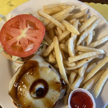Old Oak Cafe - Burger with teriyaki sauce & pineapple - American Near Me - Moneta, Virginia Old Oak Cafe - Burger with teriyaki sauce & pineapple - American Near Me - Moneta, Virginia
