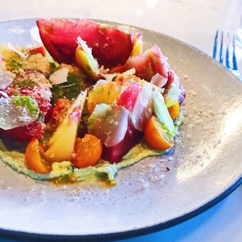 Dame - Gorgeous fresh salad of tomatoes, peaches, plums on top of a basil ricotta cream. Divine! - Wine Bars Near Me - Portland, Oregon Dame - Gorgeous fresh salad of tomatoes, peaches, plums on top of a basil ricotta cream. Divine! - Wine Bars Near Me - Portland, Oregon
