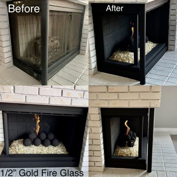 FireplaceFix - Stunning transformation! 1/2" Gold Fire Glass. - Fireplace Services Near Me FireplaceFix - Stunning transformation! 1/2" Gold Fire Glass. - Fireplace Services Near Me