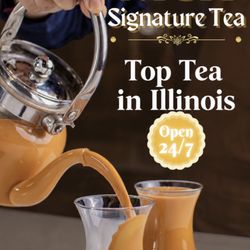 MCH Signature Tea--rich, creamy, and available 24/7 at Mustafa Coffee House.