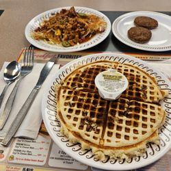 Waffle House - Pecan waffle, sausage patties, well enhanced hashbrowns