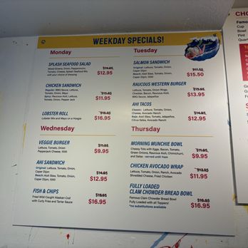 Splash Cafe - weekly specials menu (as of June 2026) - American Near Me - Pismo Beach, California Splash Cafe - weekly specials menu (as of June 2026) - American Near Me - Pismo Beach, California