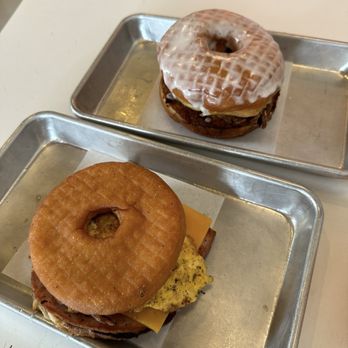 Good Dough - Ham, Egg, & Cheese Doughwich (front) and Fried Chicken Doughwich - Donuts Near Me - Jacksonville, Florida