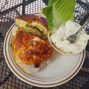 Baked and Brewed - Ooverloaded bagel sandwich with turkey added, side of potato salad. - Coffee & Tea Near Me - Auburn, California Baked and Brewed - Ooverloaded bagel sandwich with turkey added, side of potato salad. - Coffee & Tea Near Me - Auburn, California