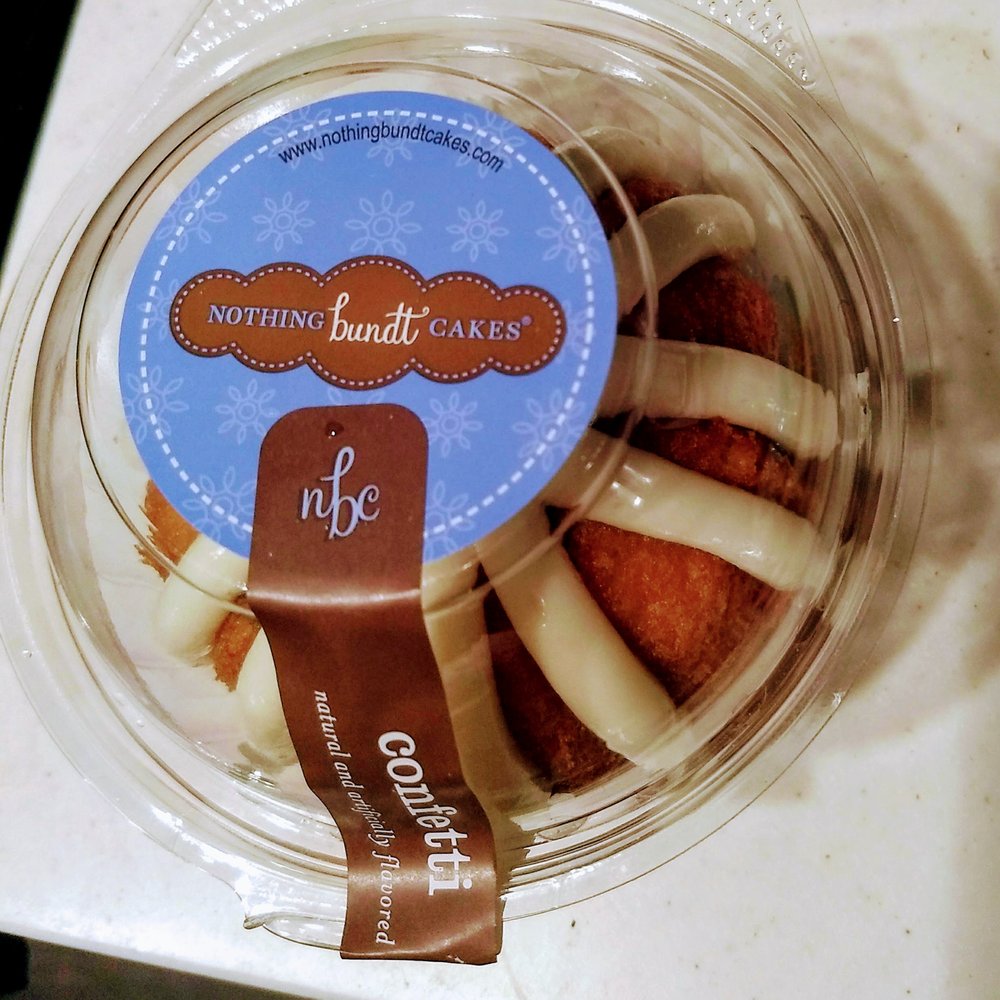 Confetti mini bundt cake pre-packaged to go. Confetti mini bundt cake pre-packaged to go.