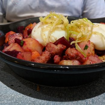 Ale & Compass Restaurant - Red flannel hash - beets, sweet potato, chorizo, & poached eggs - American Near Me - Orlando, Florida Ale & Compass Restaurant - Red flannel hash - beets, sweet potato, chorizo, & poached eggs - American Near Me - Orlando, Florida