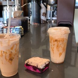 Caramel iced lattes and cookie dough brownie Caramel iced lattes and cookie dough brownie
