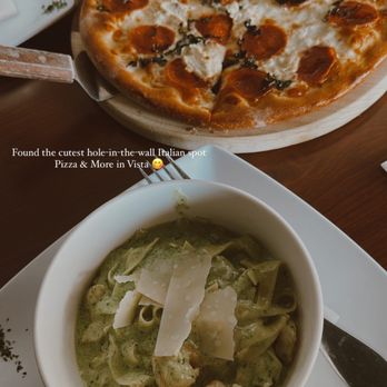 Pizza and More - Fettuccine Pesto with Shrimp and Whitestone Pizza with pepperoni - Pizza Near Me - Vista, California Pizza and More - Fettuccine Pesto with Shrimp and Whitestone Pizza with pepperoni - Pizza Near Me - Vista, California
