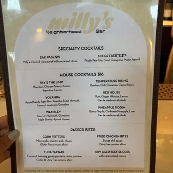 Milly's Neighborhood Bar - Private Event Menu - October 2025 - New American Near Me - Brooklyn, New York