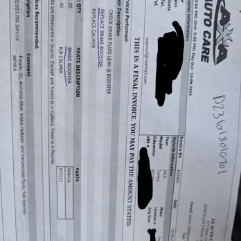 Aa Auto Care - This was the invoice that they gave me of what I paid for. It says brake booster and caliper - Auto Repair Near Me - North Las Vegas, Nevada Aa Auto Care - This was the invoice that they gave me of what I paid for. It says brake booster and caliper - Auto Repair Near Me - North Las Vegas, Nevada