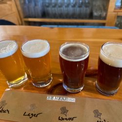 Be Here Brewing Company - Left to right - kolsch, golden lager, Winterfest, Irish read