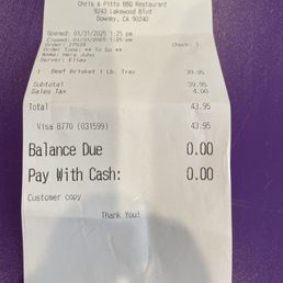 Receipt for 1 pound of sliced beef brisket