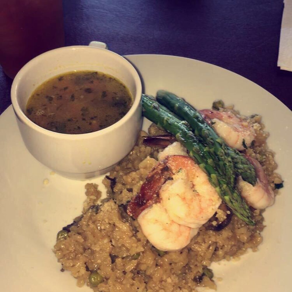 Huge shrimp with risotto & asparagus with a side of soup - delicious