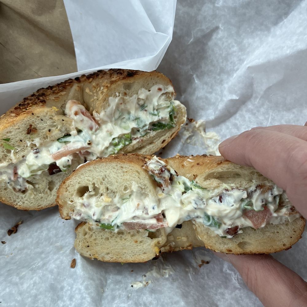 Chopped bagel and cream cheese on lightly toasted onion bagel. Dewicious! Chopped bagel and cream cheese on lightly toasted onion bagel. Dewicious!