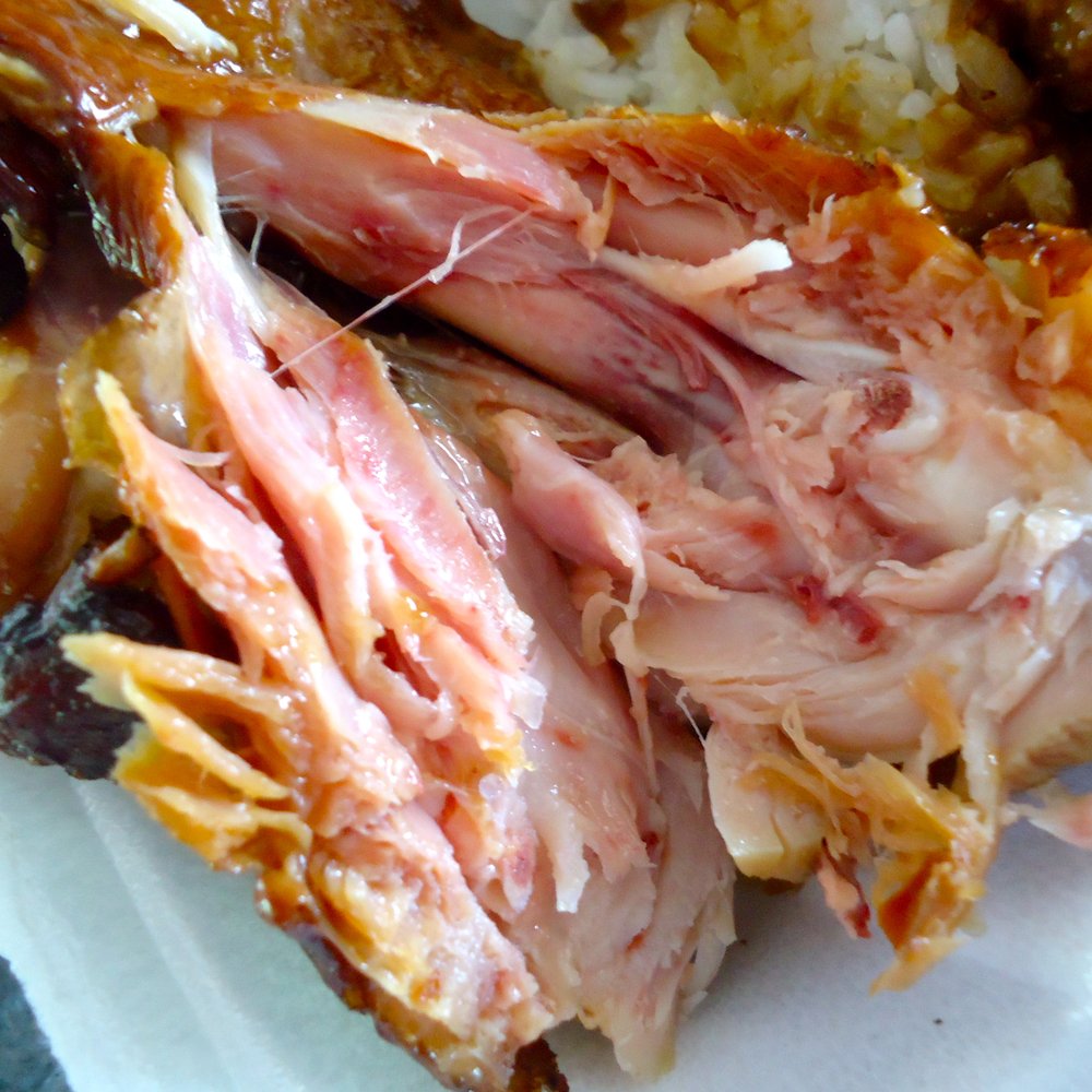 Tatsuo's - Close up of the "Smoked Chicken": Smoked to the bone, it's not raw. Only avail on Fri. Over-smoked & over-salted. - Breakfast & Brunch Near Me - Honolulu, Hawaii Tatsuo's - Close up of the "Smoked Chicken": Smoked to the bone, it's not raw. Only avail on Fri. Over-smoked & over-salted. - Breakfast & Brunch Near Me - Honolulu, Hawaii