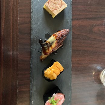 Shiro's - Right to left - Chopped Fatty Tuna, Uni, Unagi, then Tamago - Sushi Bars Near Me - Seattle, Washington