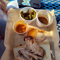 Simply Southern Sweets - Pulled pork, always on white bread.  Collard greens, baked beans, BBQ sauce.