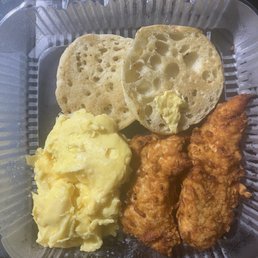 Scrambled Eggs, Chicken Strips, and English Muffin Scrambled Eggs, Chicken Strips, and English Muffin
