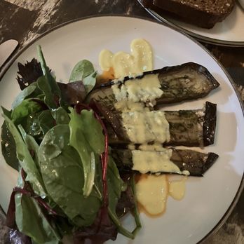The Winding Stair - Roasted Kinsealy aubergine with Mandi ( Middle Eastern-spiced cinnamon, coriander and tomato jam), chilli oil and coconut yoghurt - Irish Near Me - Dublin, D