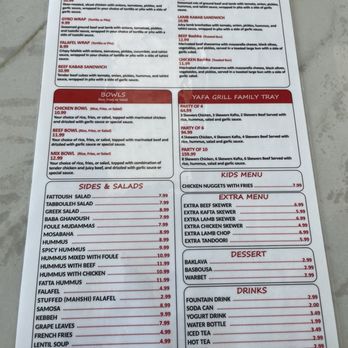 Yafa Grill - Back of menu - Mediterranean Near Me - Fresno, California