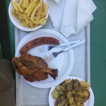 Biergarten am Chinesischen Turm - Roasted pork knuckle, with fries and potato dish - Beer Garden Near Me - Munich, BY
