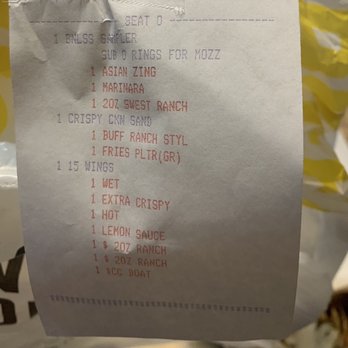 Buffalo Wild Wings - RECEIPT DISPLAYING I WANT NO ONION RINGS EXTRA MOZZARELLA STICKS. - Sports Bars Near Me - Henderson, Nevada Buffalo Wild Wings - RECEIPT DISPLAYING I WANT NO ONION RINGS EXTRA MOZZARELLA STICKS. - Sports Bars Near Me - Henderson, Nevada