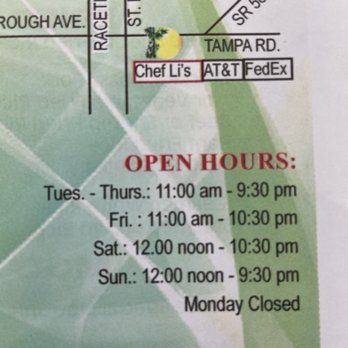 Chef Li - Hours. Closed on Monday - Chinese Near Me - Oldsmar, Florida Chef Li - Hours. Closed on Monday - Chinese Near Me - Oldsmar, Florida