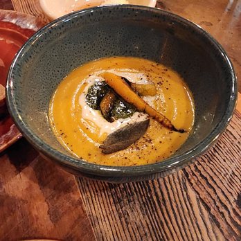 Penny's Wine Shop - kabocha squash bisque, brown butter carrot, pistou, creme fraiche - Wine Bars Near Me - Richmond, Virginia Penny's Wine Shop - kabocha squash bisque, brown butter carrot, pistou, creme fraiche - Wine Bars Near Me - Richmond, Virginia
