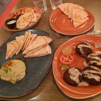 Luna Grill Flower Mound - Spicy hummus and pita, and falafel plate - Mediterranean Near Me - Flower Mound, Texas
