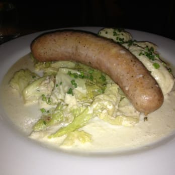 Cafe Katja - Emmentaler sausage- with veges and dumplings. YUM! - German Near Me - New York, New York Cafe Katja - Emmentaler sausage- with veges and dumplings. YUM! - German Near Me - New York, New York